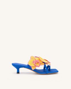 Serena Orchid Embroidered Toe Ring Heeled Sandals - Royal Blue