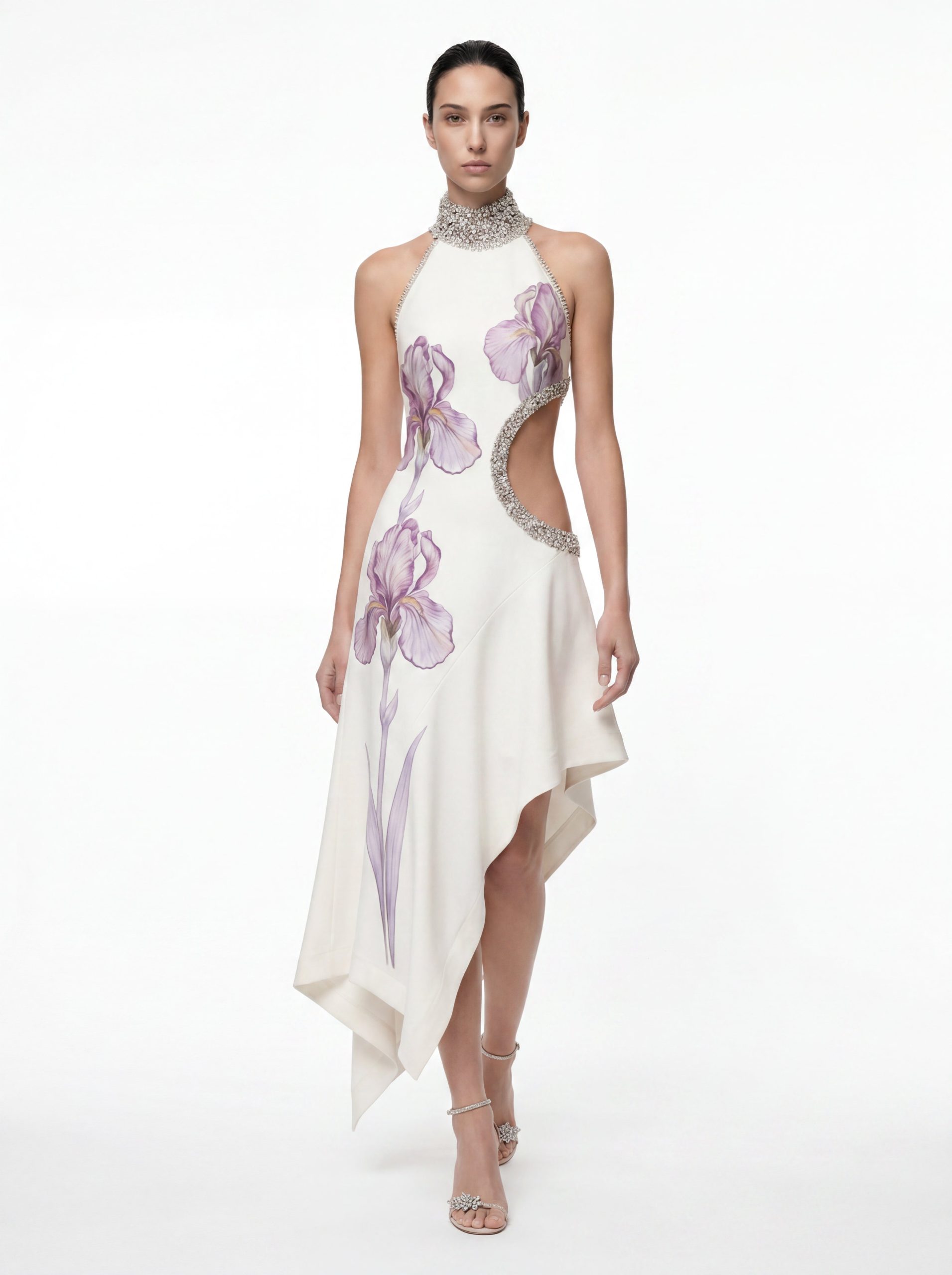 Jeweled Floral Cutout High Neck Dress - White