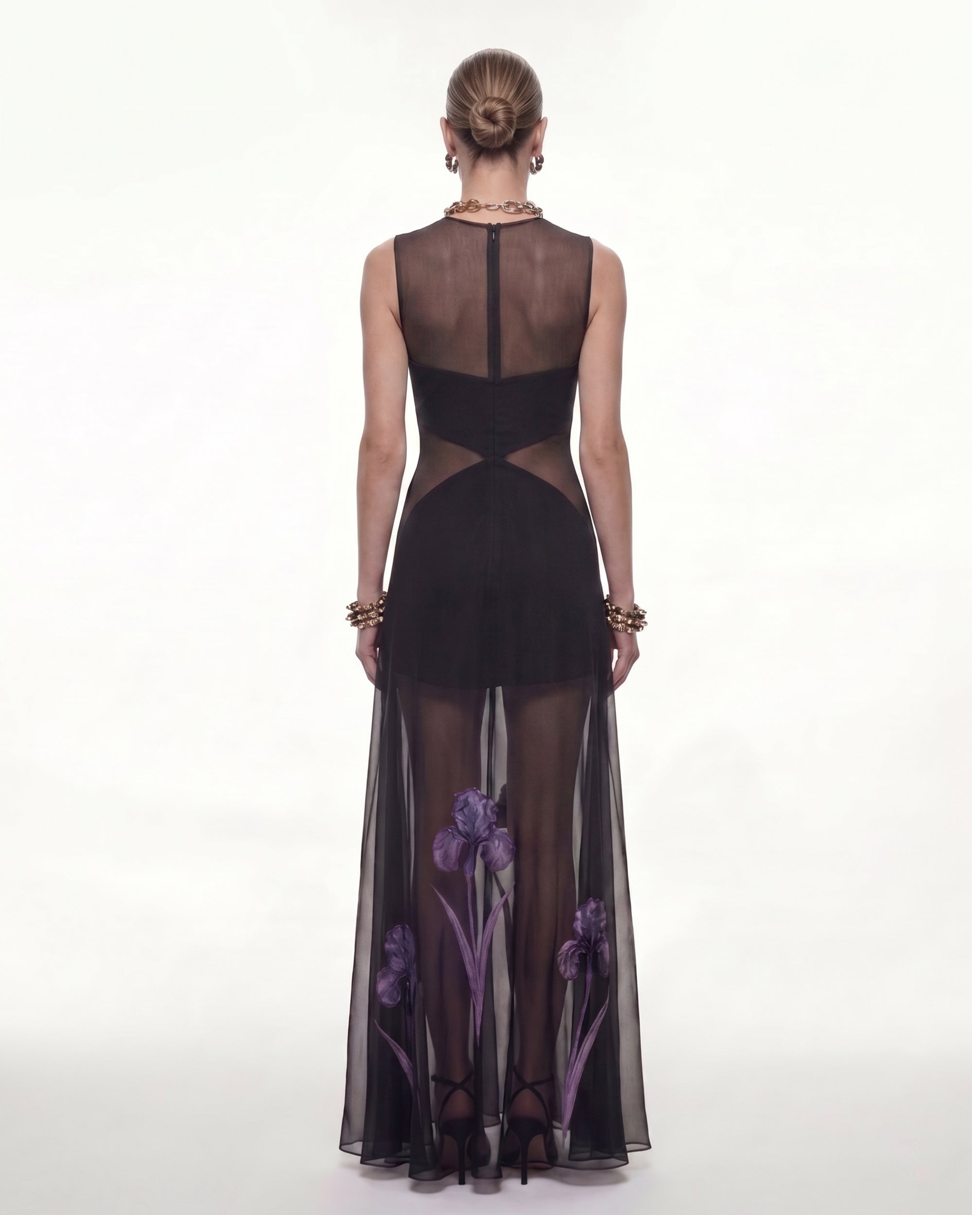 Sheer Floral Print Paneled Maxi Dress - Black - Image 2