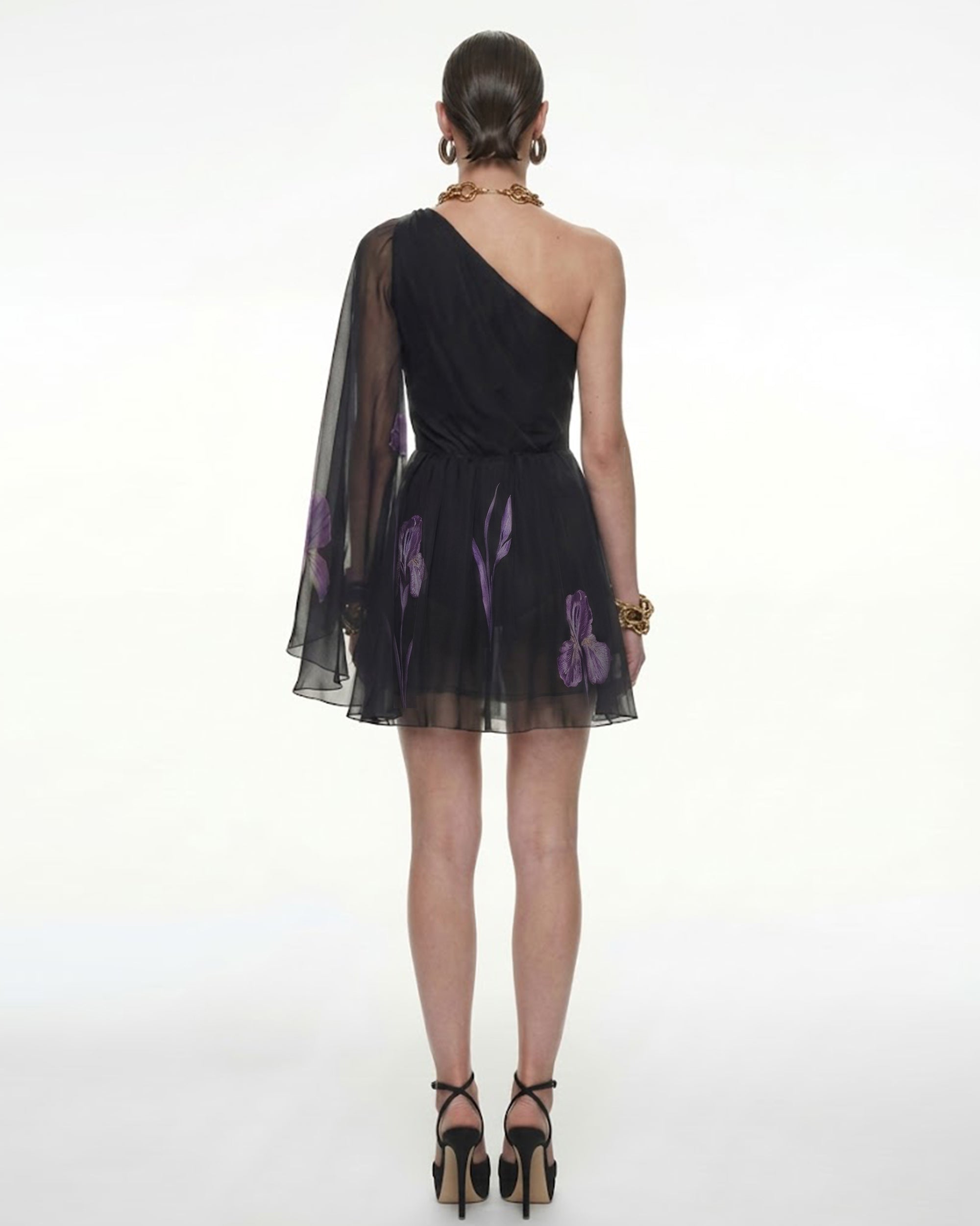 One Shoulder Floral Mesh Dress - Black - Image 2