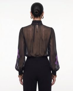 Alternative view of Iris Print Sheer High Neck Blouse - Black/Purple