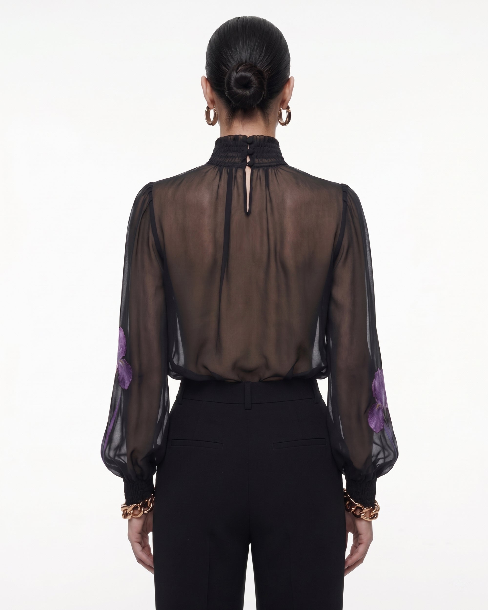 Iris Print Sheer High Neck Blouse - Black/Purple - Image 2