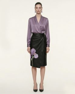 Satin Wrap V Neck Long Sleeve Blouse - Dusty Mauve