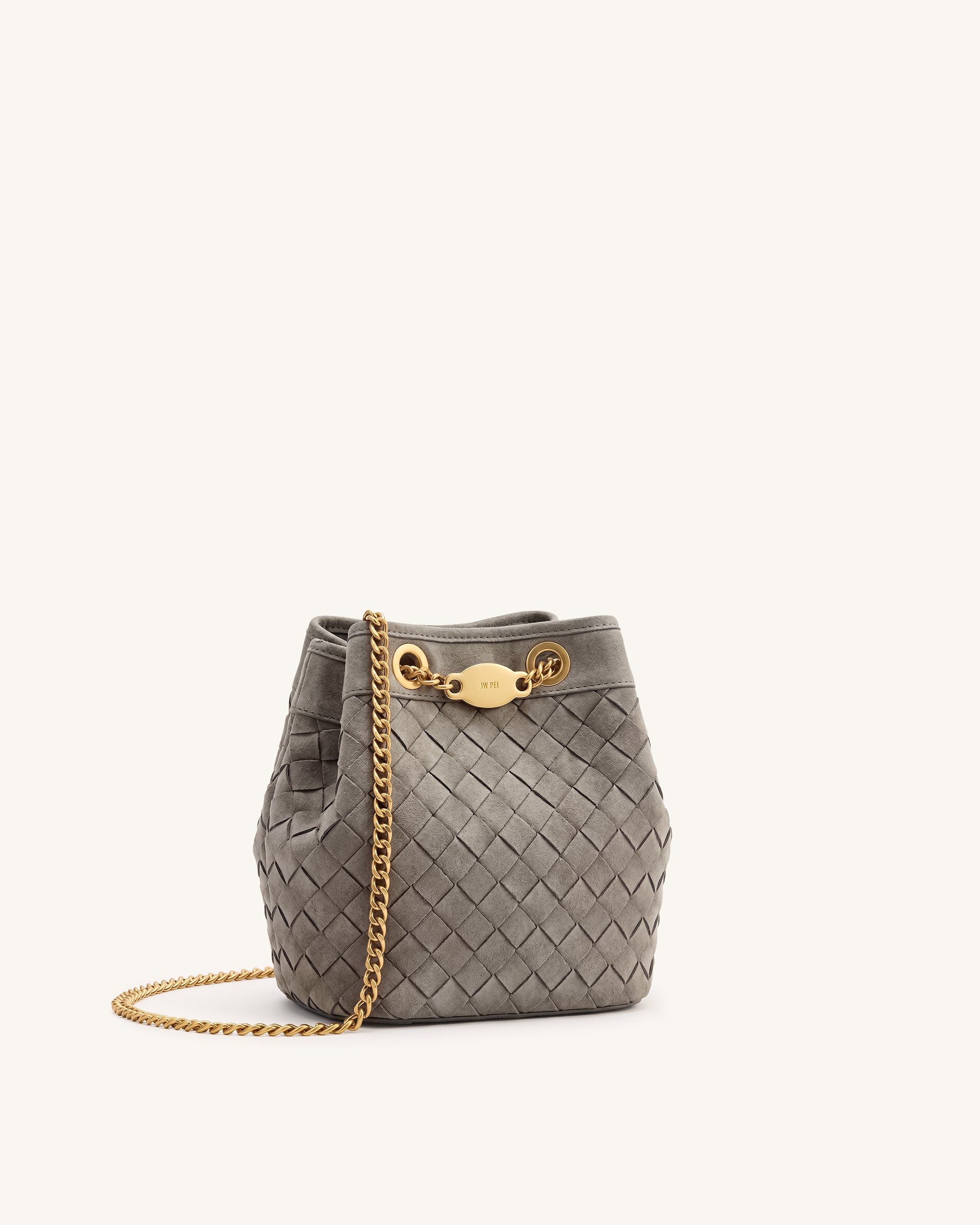 Yara Faux Suede Hand-Woven Bucket Bag - Grey - Image 2