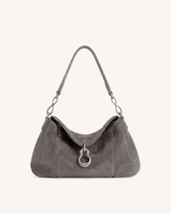 Jayla Faux Suede Metal Pendant Embellished Shoulder Bag - Dark Grey