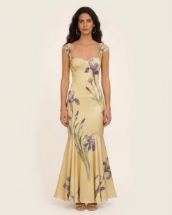 Iris Print Satin Mermaid Maxi Dress - Soft Yellow