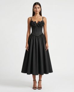 Orchid Embroidered Appliqué Corset Maxi Dress - Black