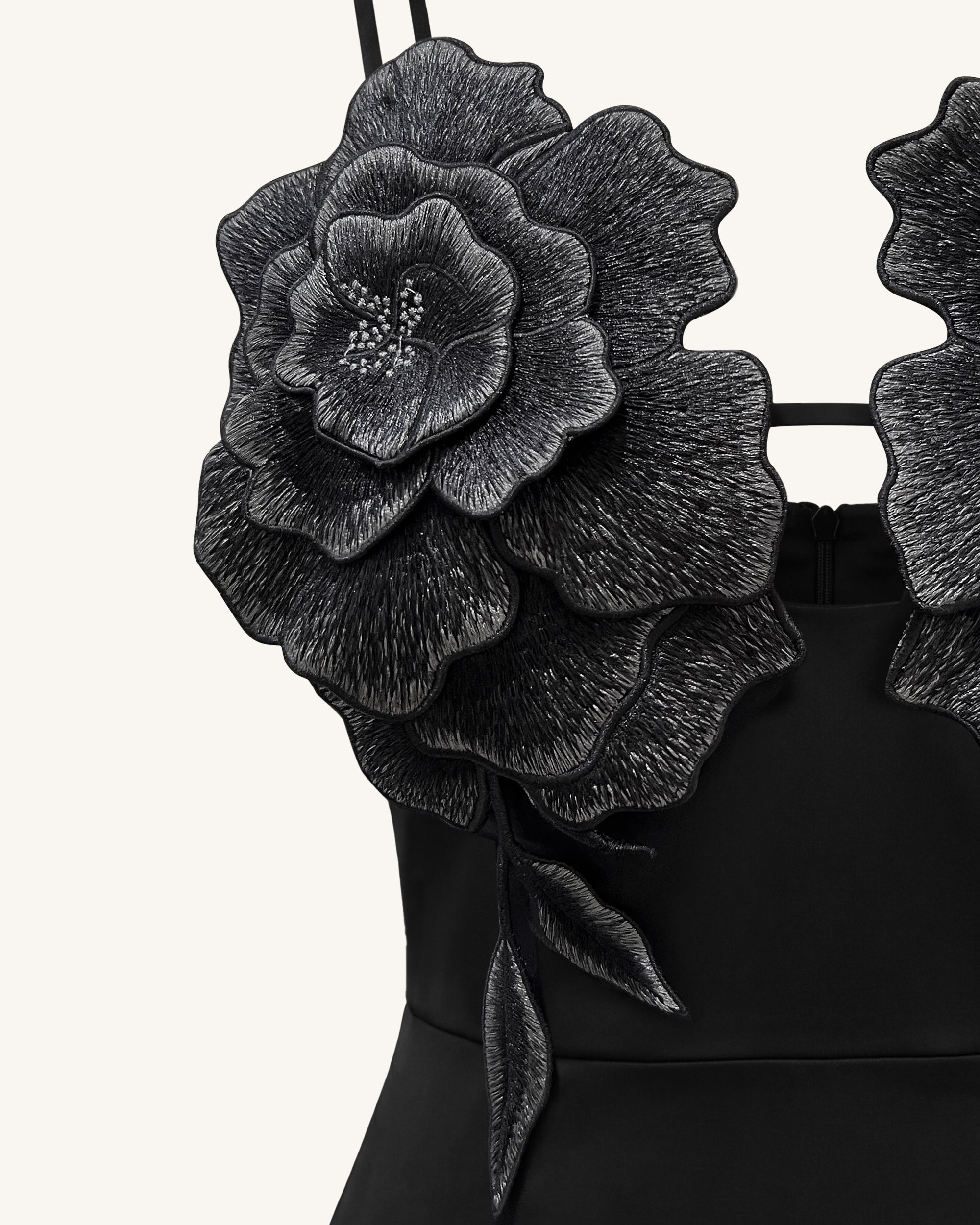 3D Floral Strappy Maxi Dress - Black - Image 5