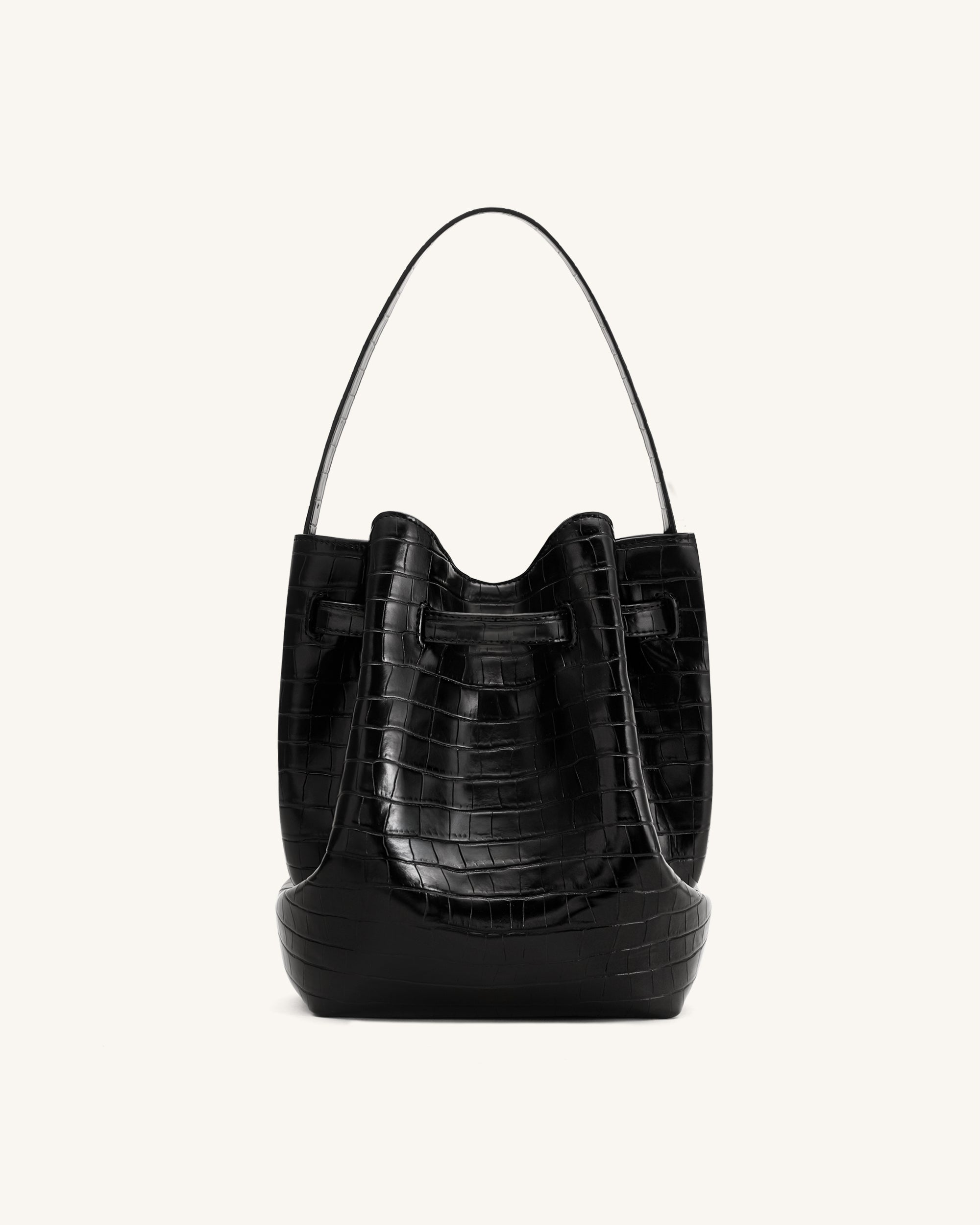 Clara Lock Accent Bucket Shoulder Bag - Black Croc - Image 3