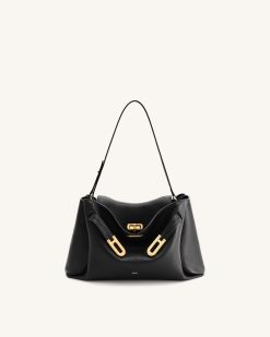 Rhea Pebbled Double Buckle Shoulder Bag - Black