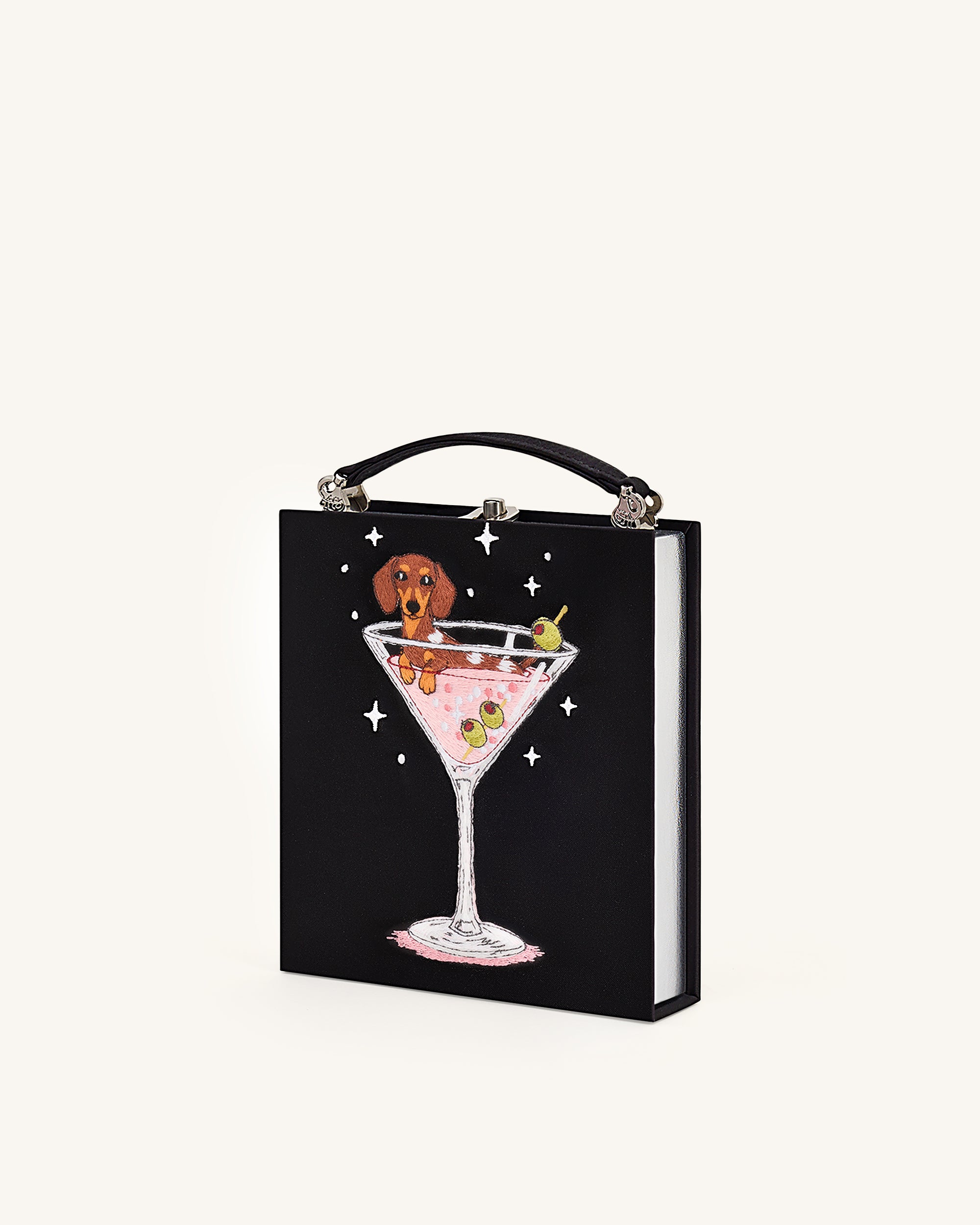 Taya Wine Glass Puppy Pattern Book Shape Clutch Bag - Black - Image 2