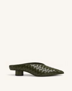 Helena Woven Textured Pointed Toe Mules - Olive Green