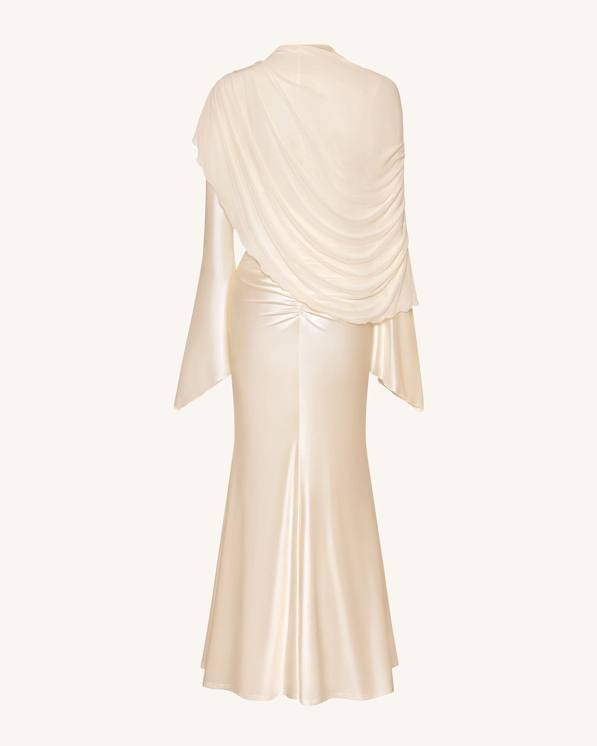 Sheer Shawl Ruched Bodycon Maxi Gown - Cream - Image 4