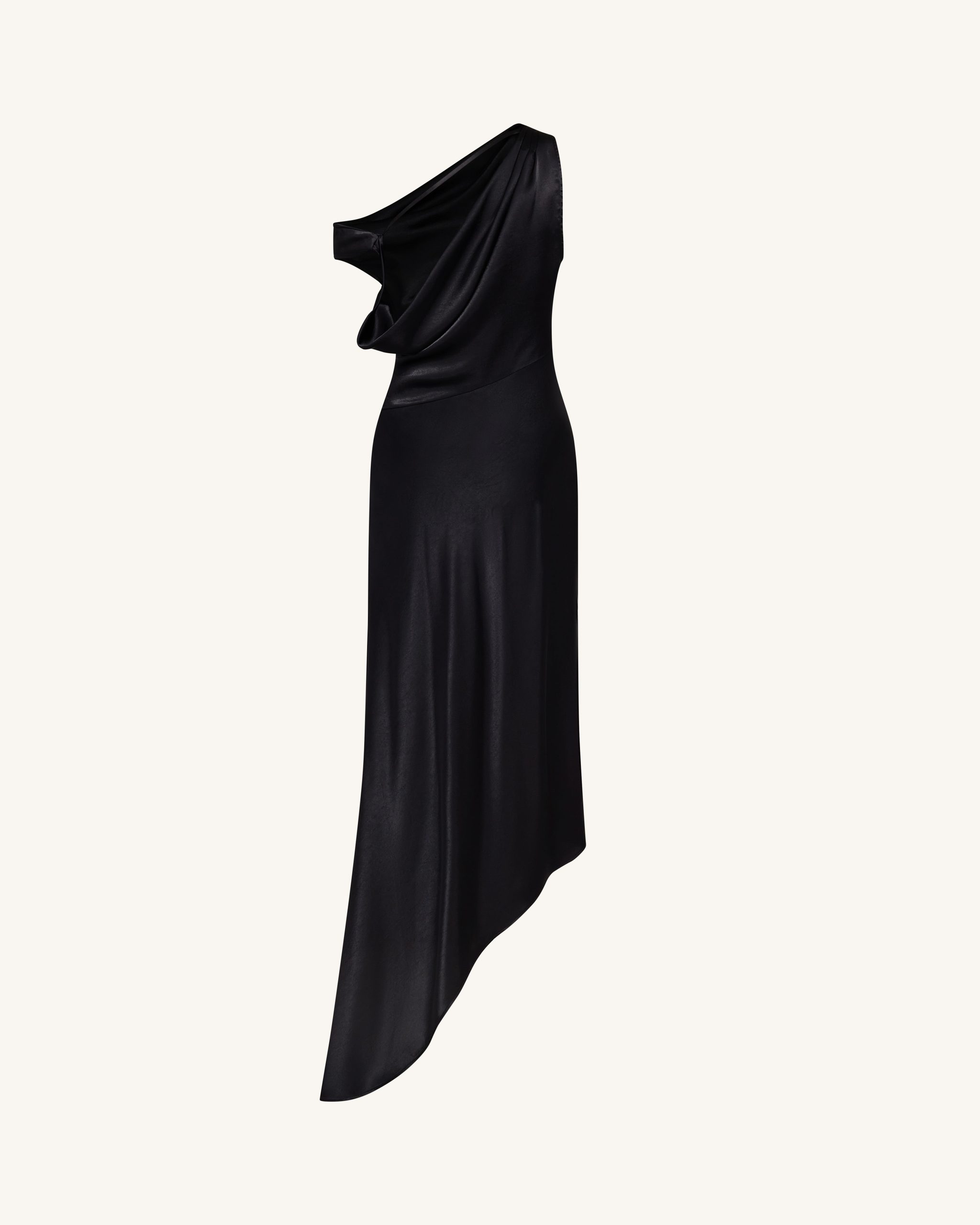 Satin Draped One-Shoulder Asymmetric Dress - Black - Image 4