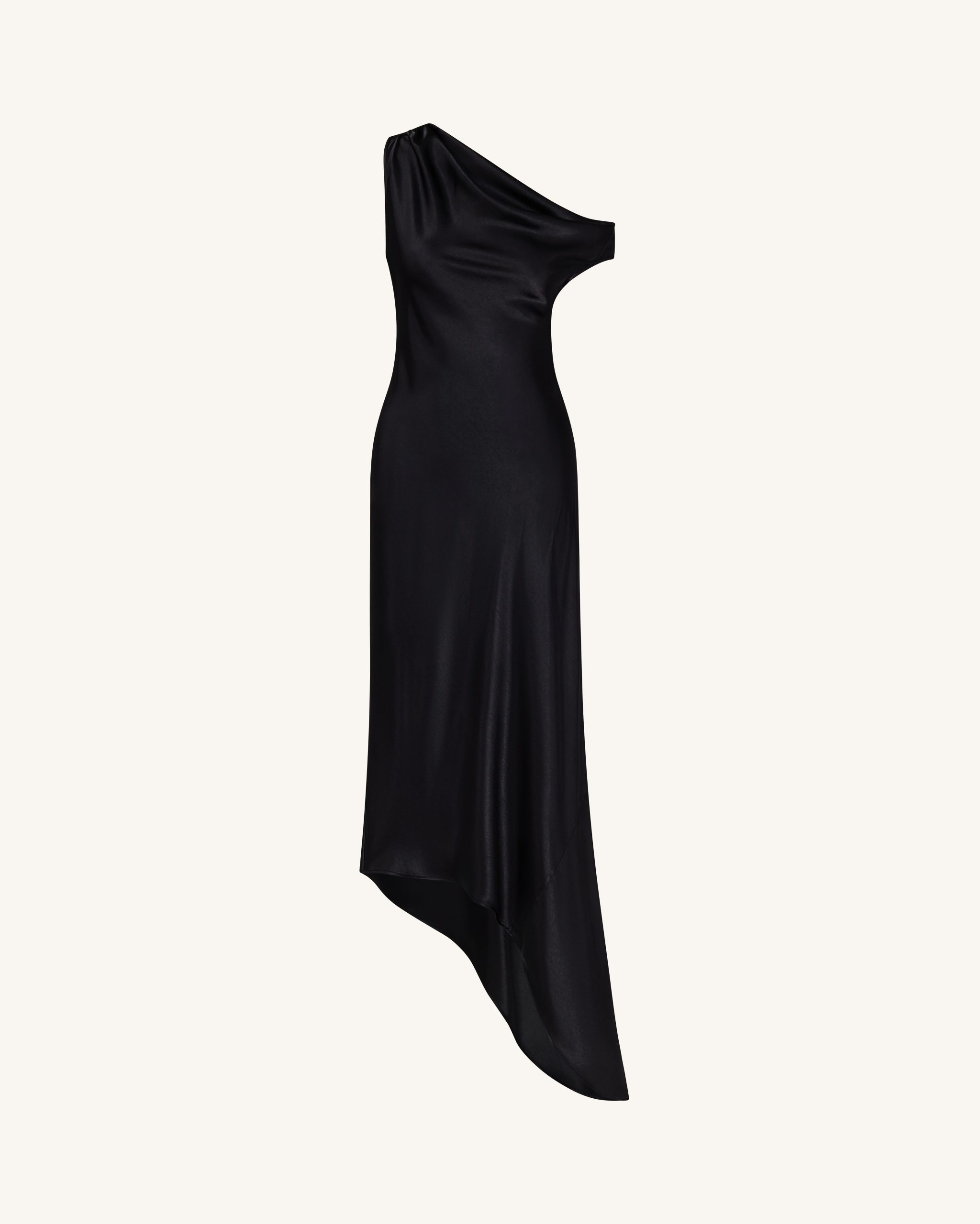 Satin Draped One-Shoulder Asymmetric Dress - Black - Image 3