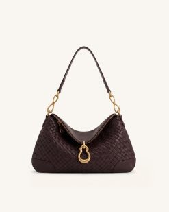 Jayla Metal Pendant Embellished Woven Shoulder Bag - Deep Burgundy