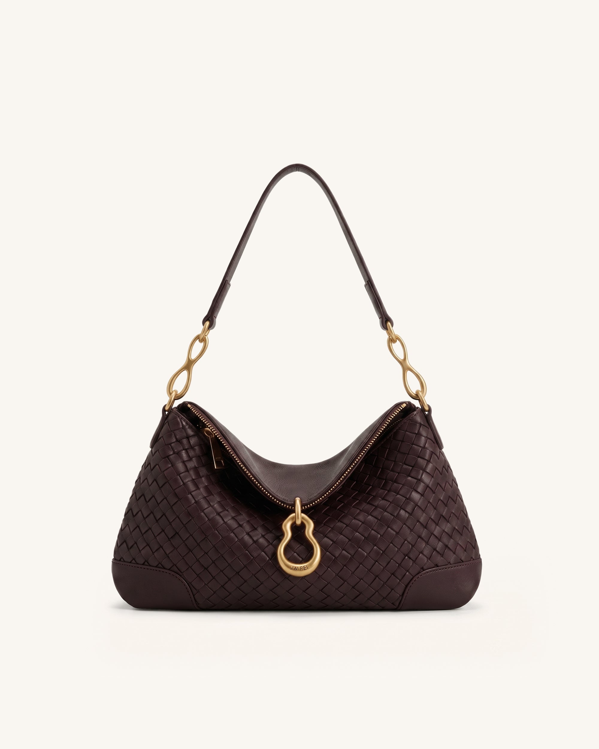 Jayla Metal Pendant Embellished Woven Shoulder Bag - Deep Burgundy