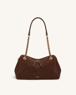 Mireya Faux Suede Chain Shoulder Bag - Dark Brown