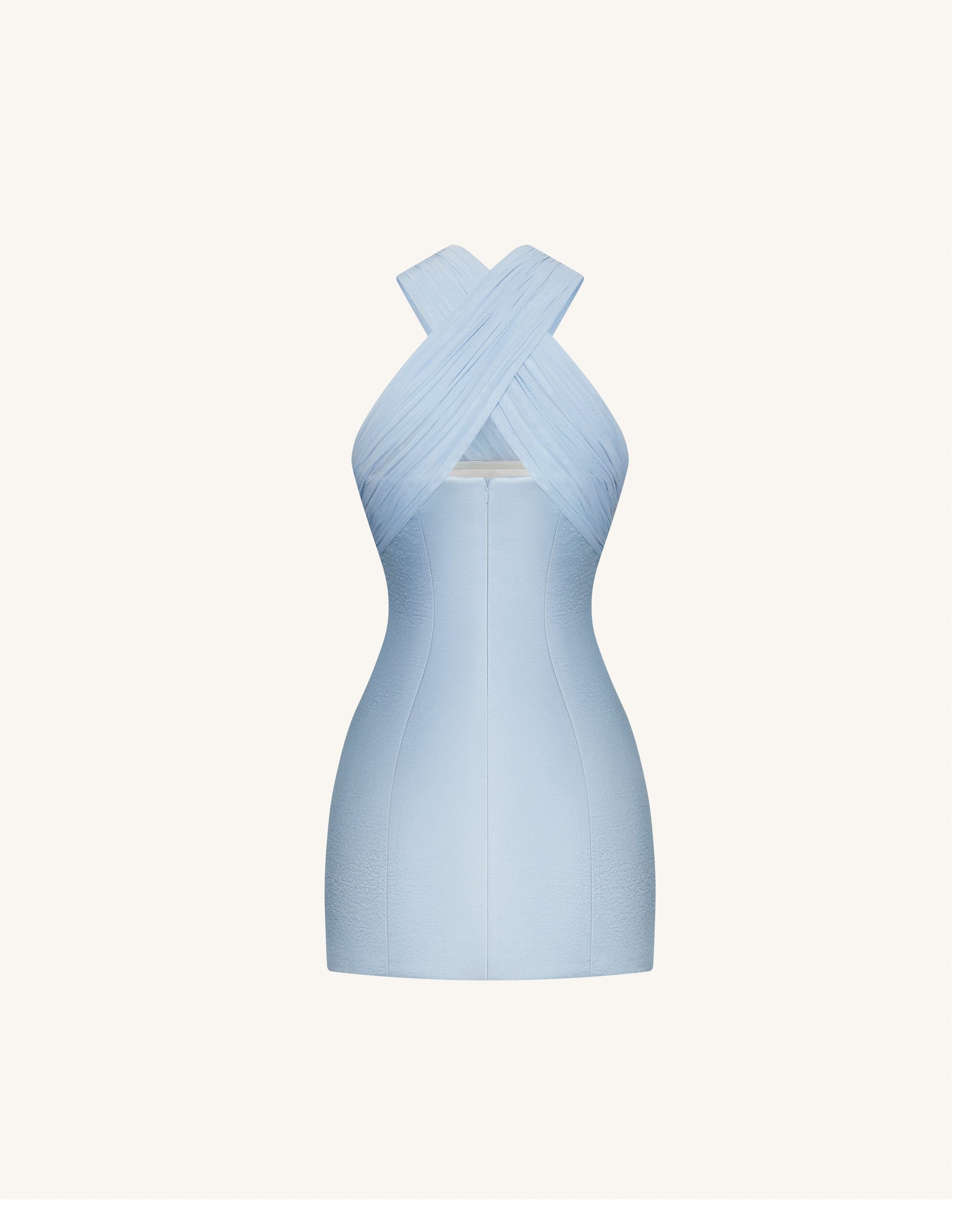 Satin Mini Dress with Tulle Cross-Halter - Blue - Image 3