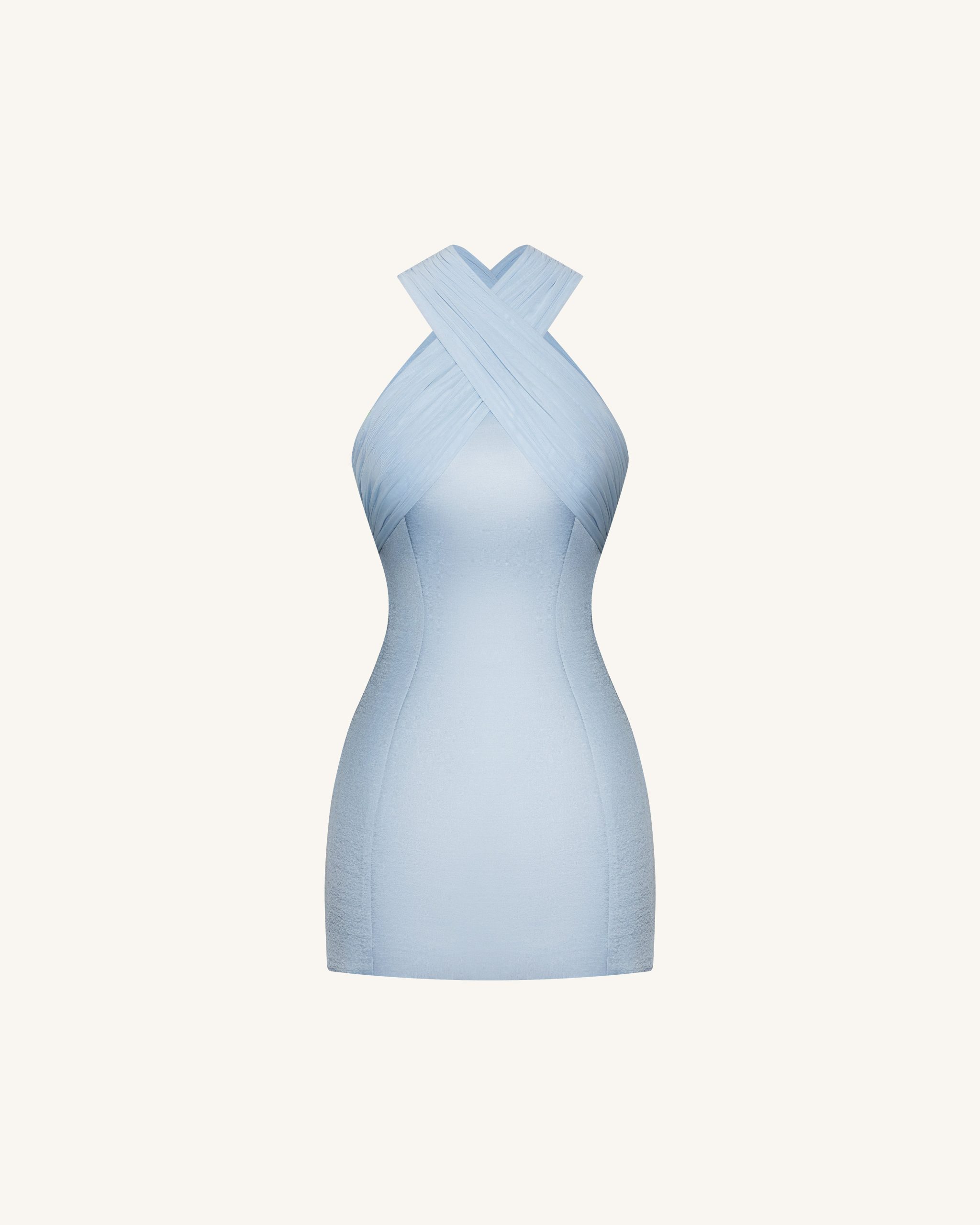Satin Mini Dress with Tulle Cross-Halter - Blue - Image 2