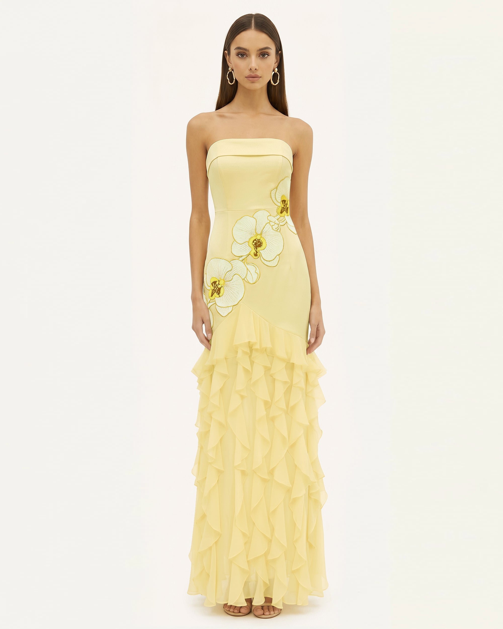 Orchid Embroidered Ruffled Strapless Maxi Dress - Pale Yellow
