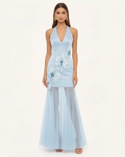 Orchid Embroidered Sheer Hem Halter Maxi Dress - Light Blue