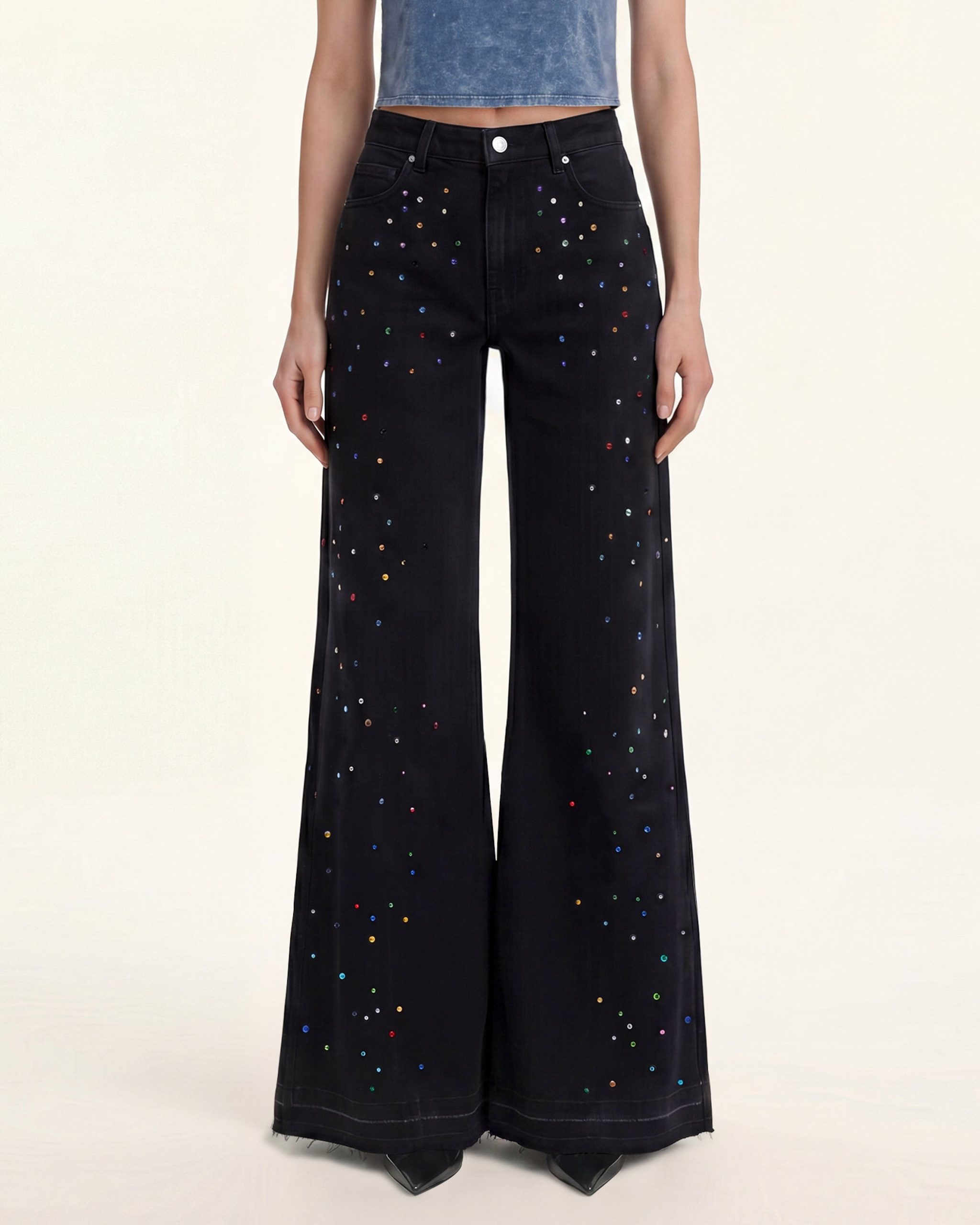 The Troublemaker Multi-Color Rhinestone Split Fray Jeans - Midnight Confessions