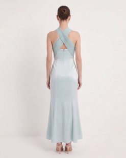 Alternative view of Pleated Cross-Halter Satin Maxi Dress - Dusty Blue