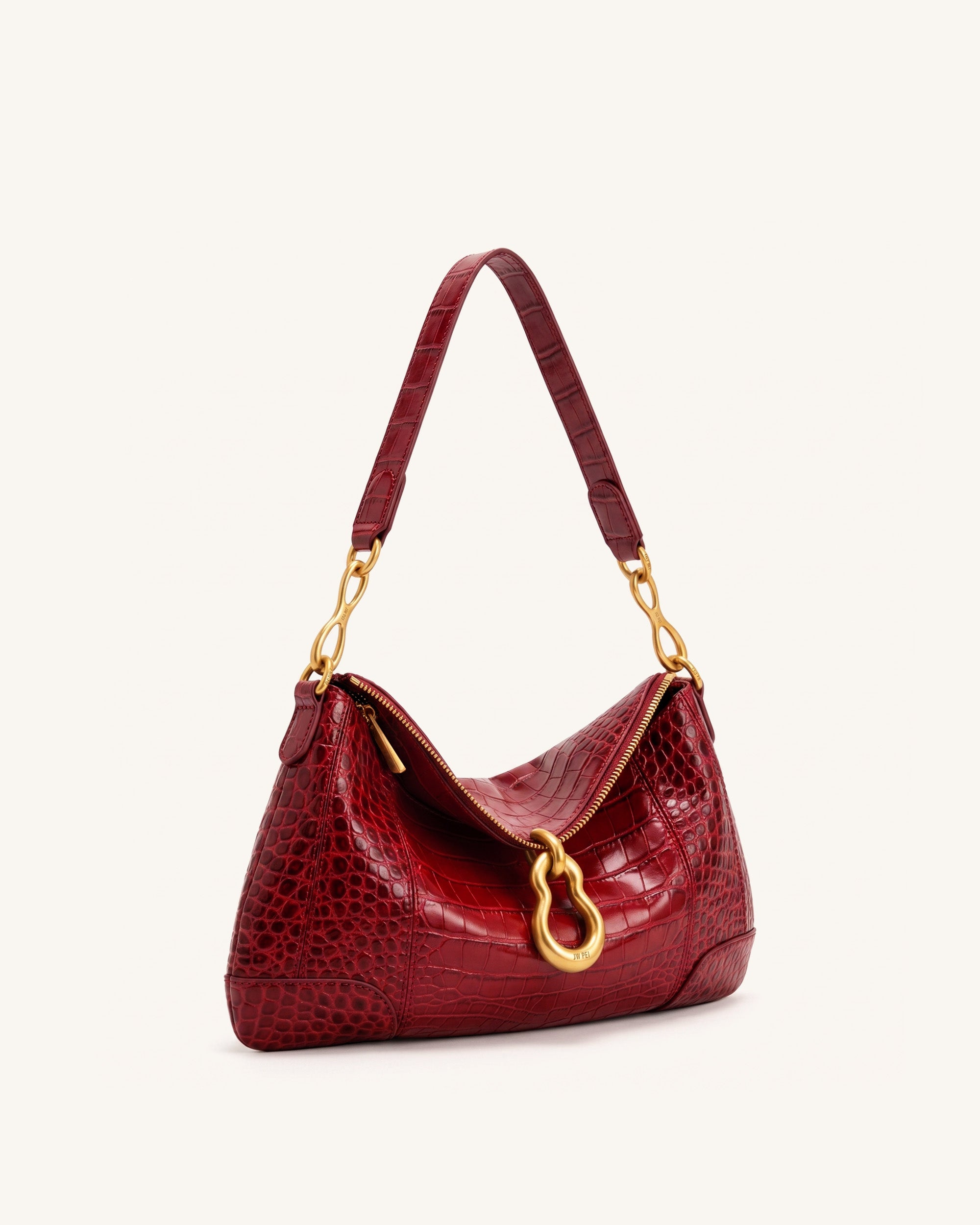 Jayla Metal Pendant Embellished Shoulder Bag - Red Croc - Image 2