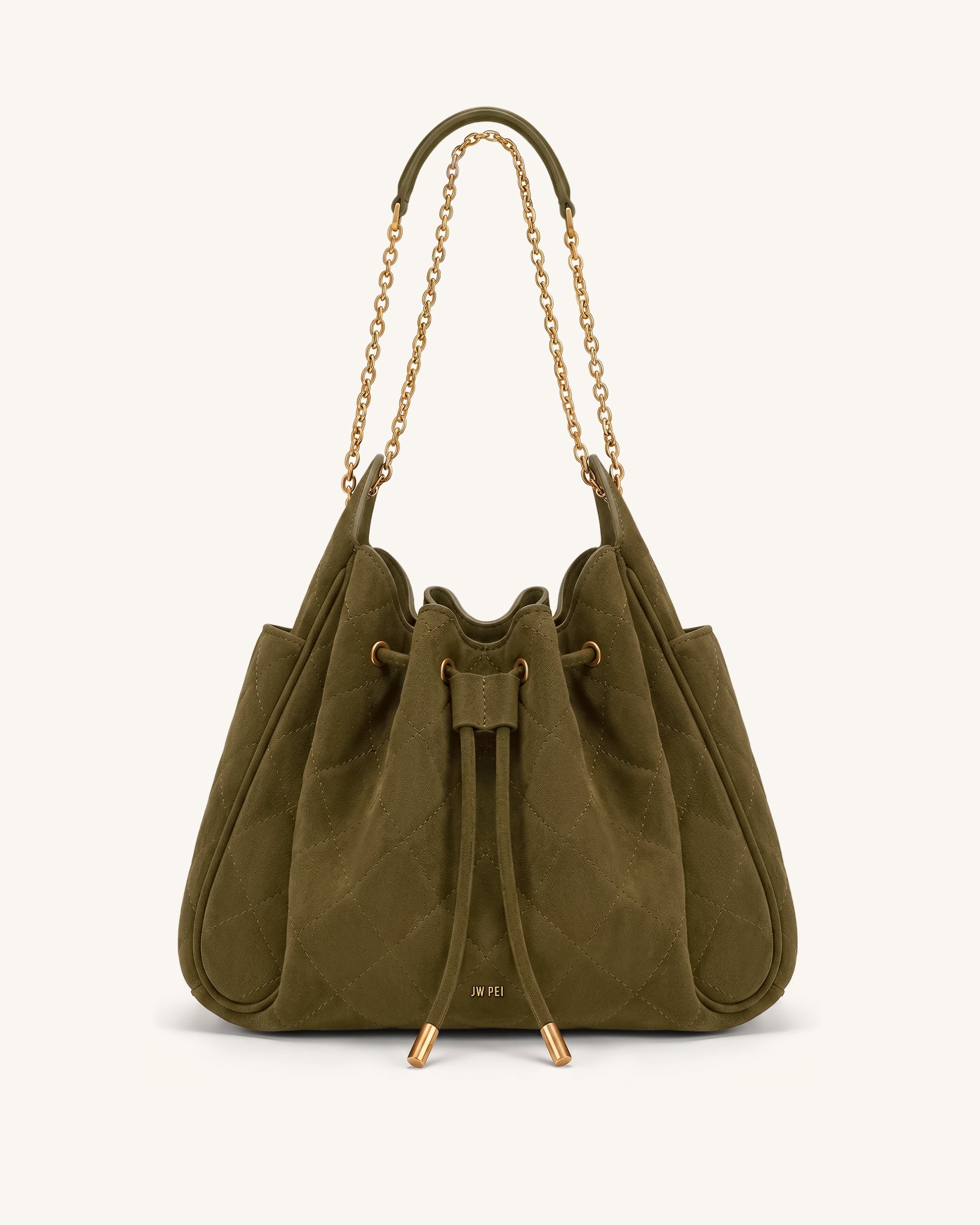 Rowan Faux Suede Quilted Chain Bucket Bag - Olive Green