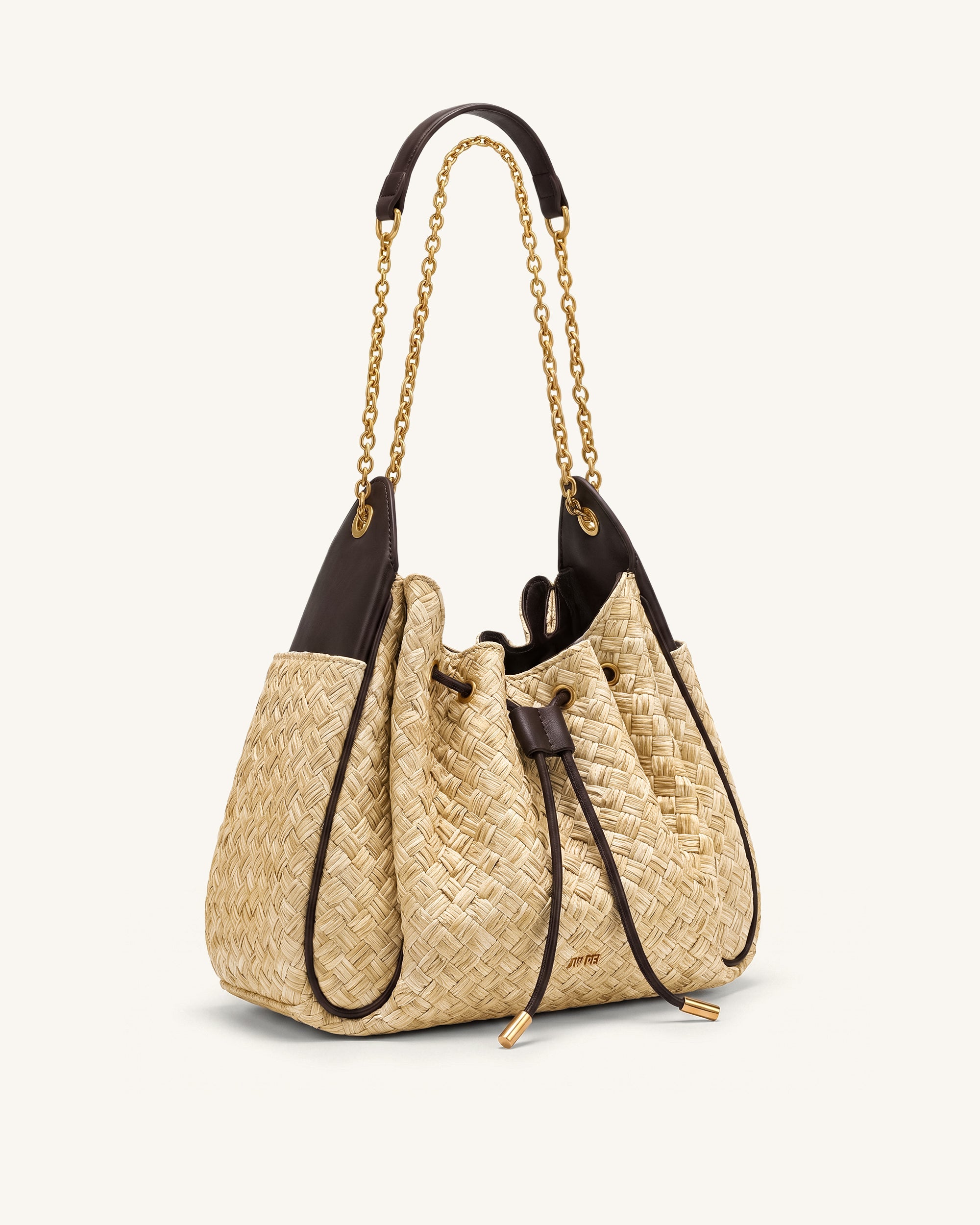 Rowan Faux Straw Ruched Drawstring Chain Bucket Bag - Brown - Image 2
