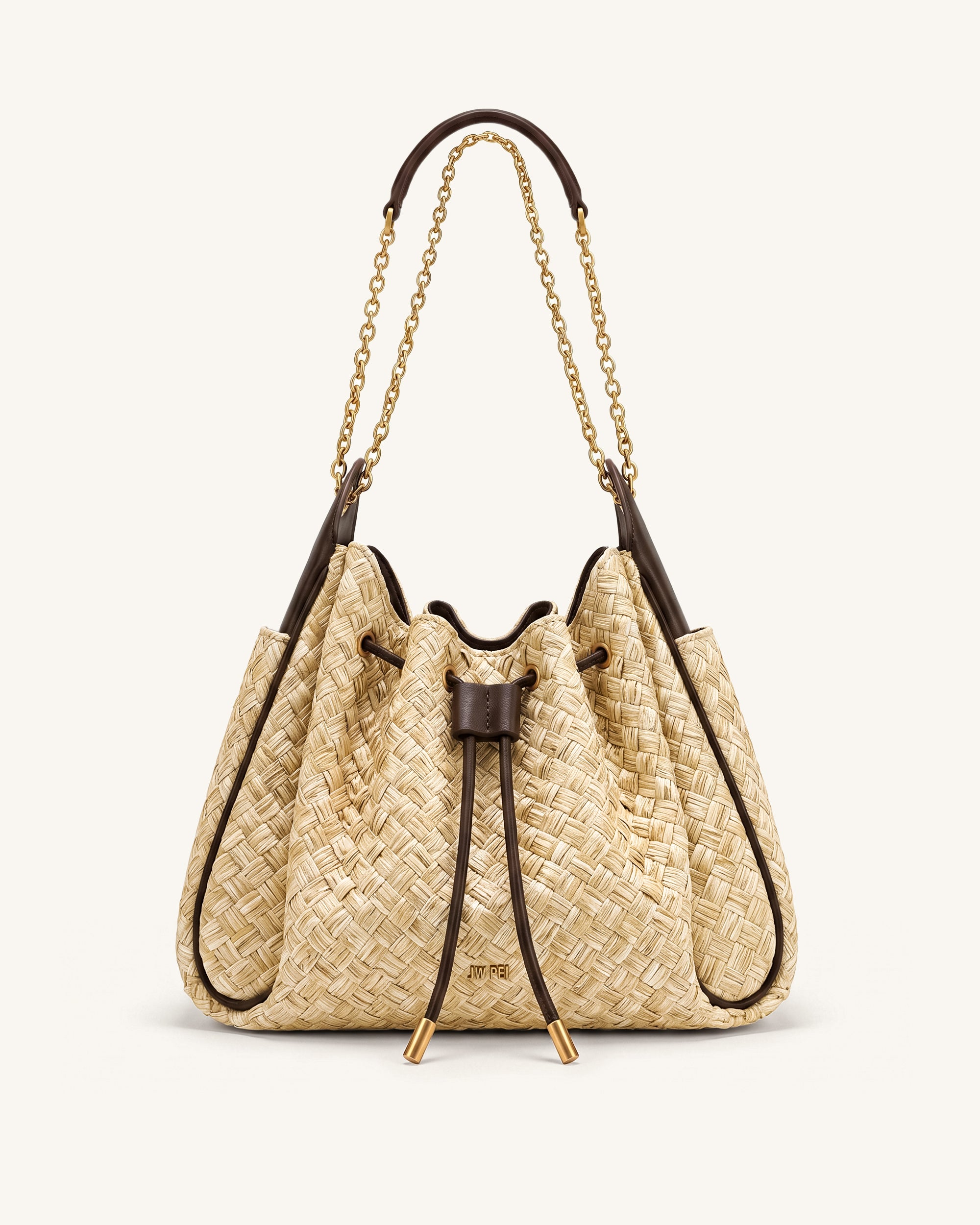 Rowan Faux Straw Ruched Drawstring Chain Bucket Bag - Brown