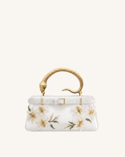 Elena Snake Handle Lily Embroidered Top Handle Bag - White