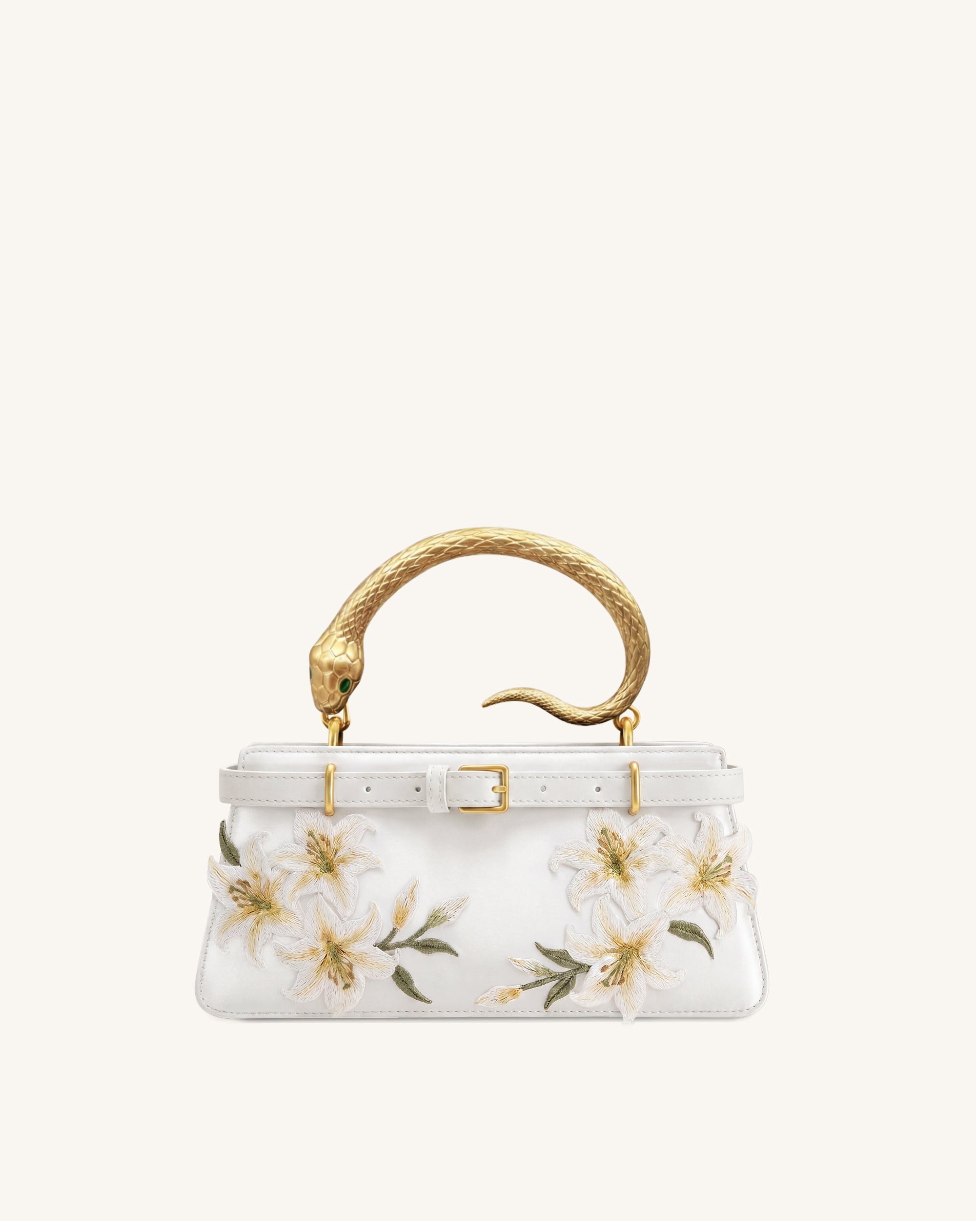 Elena Snake Handle Lily Embroidered Top Handle Bag - White