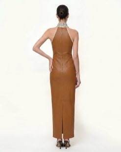 Alternative view of Jeweled High Neck Halter Maxi Dress - Caramel Brown