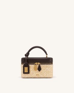 Cleo Faux Straw Box Shape Top Handle Bag - Brown