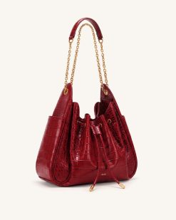 Alternative view of Rowan Ruched Drawstring Chain Bucket Bag - Dark Red Croc