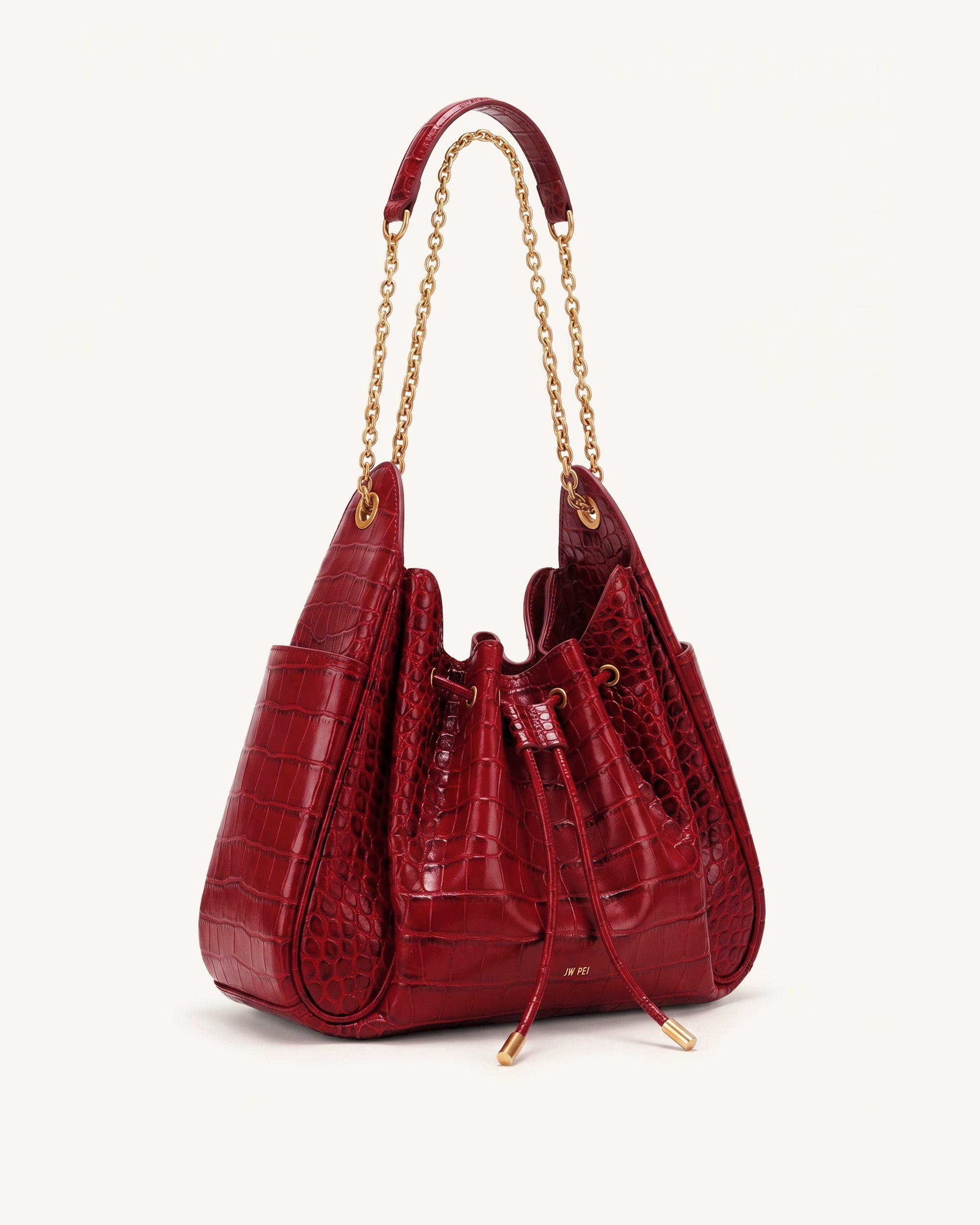 Rowan Ruched Drawstring Chain Bucket Bag - Dark Red Croc - Image 2