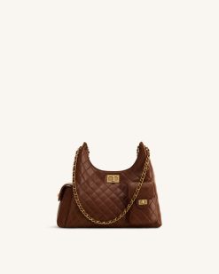 Vivian Quilted Chain Shoulder Bag - Brown
