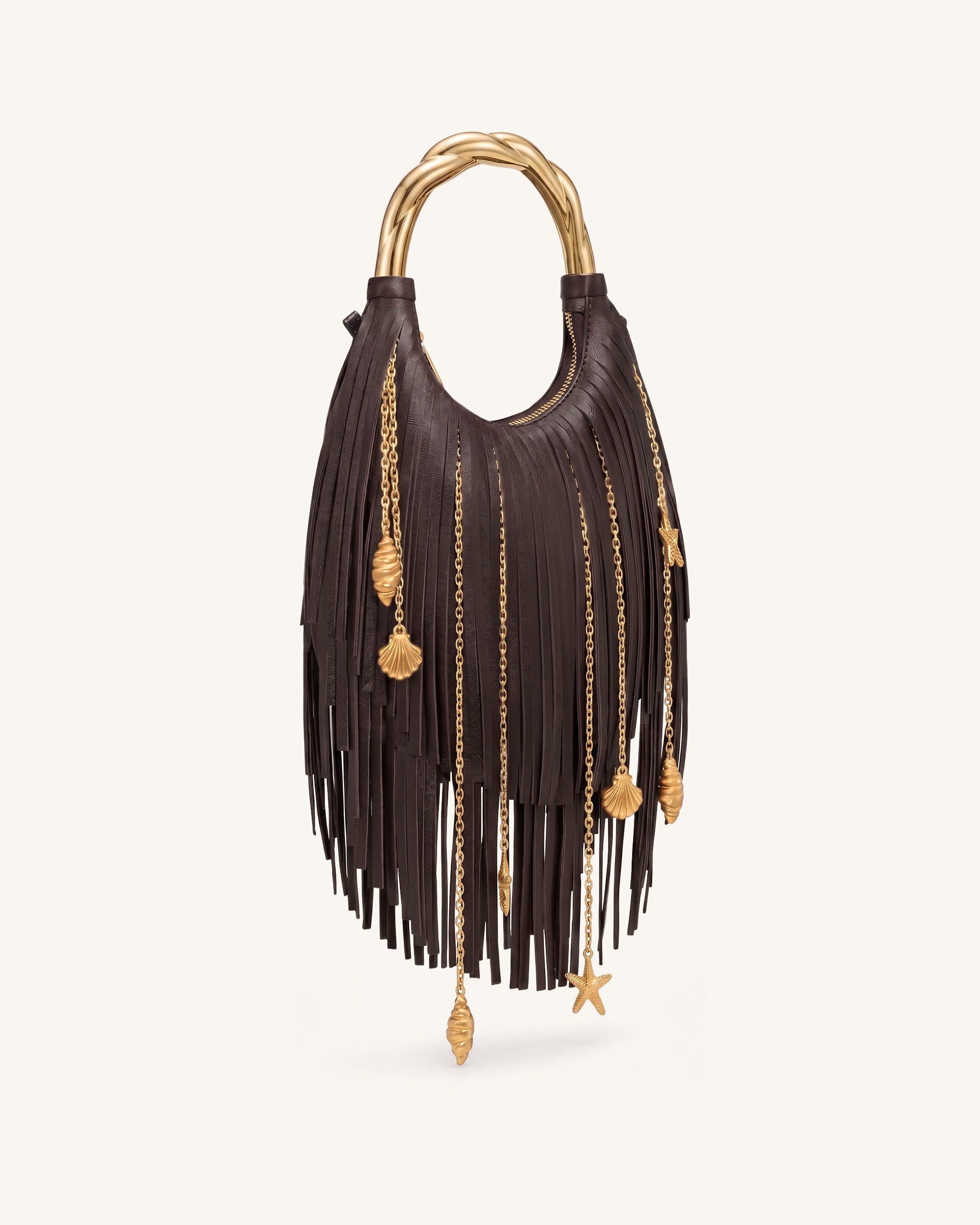 Chloe Metal Handle Fringe Top Handbag - Dark Brown - Image 2