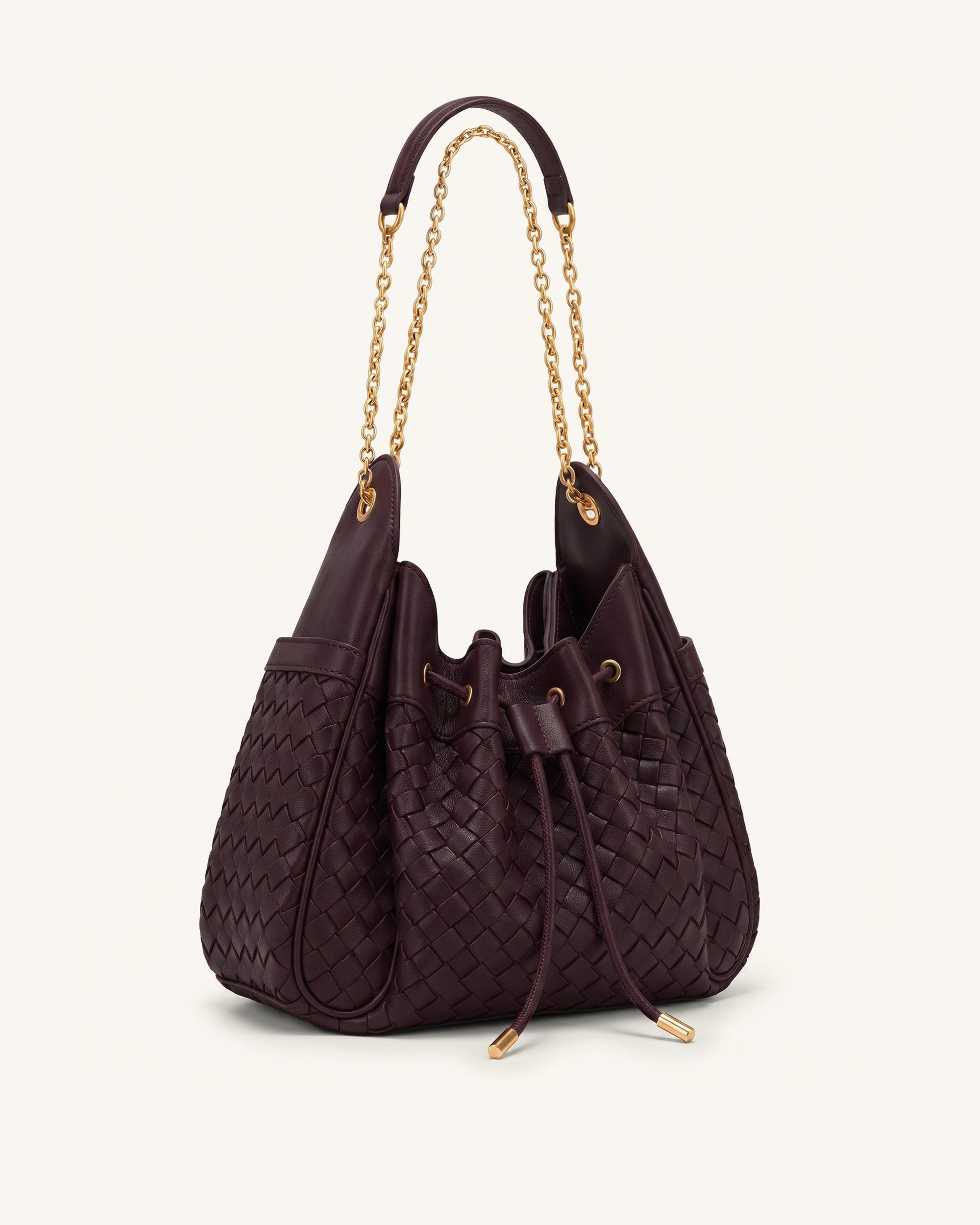 Rowan Weaving Ruched Drawstring Chain Bucket Bag - Dark Cherry - Image 2