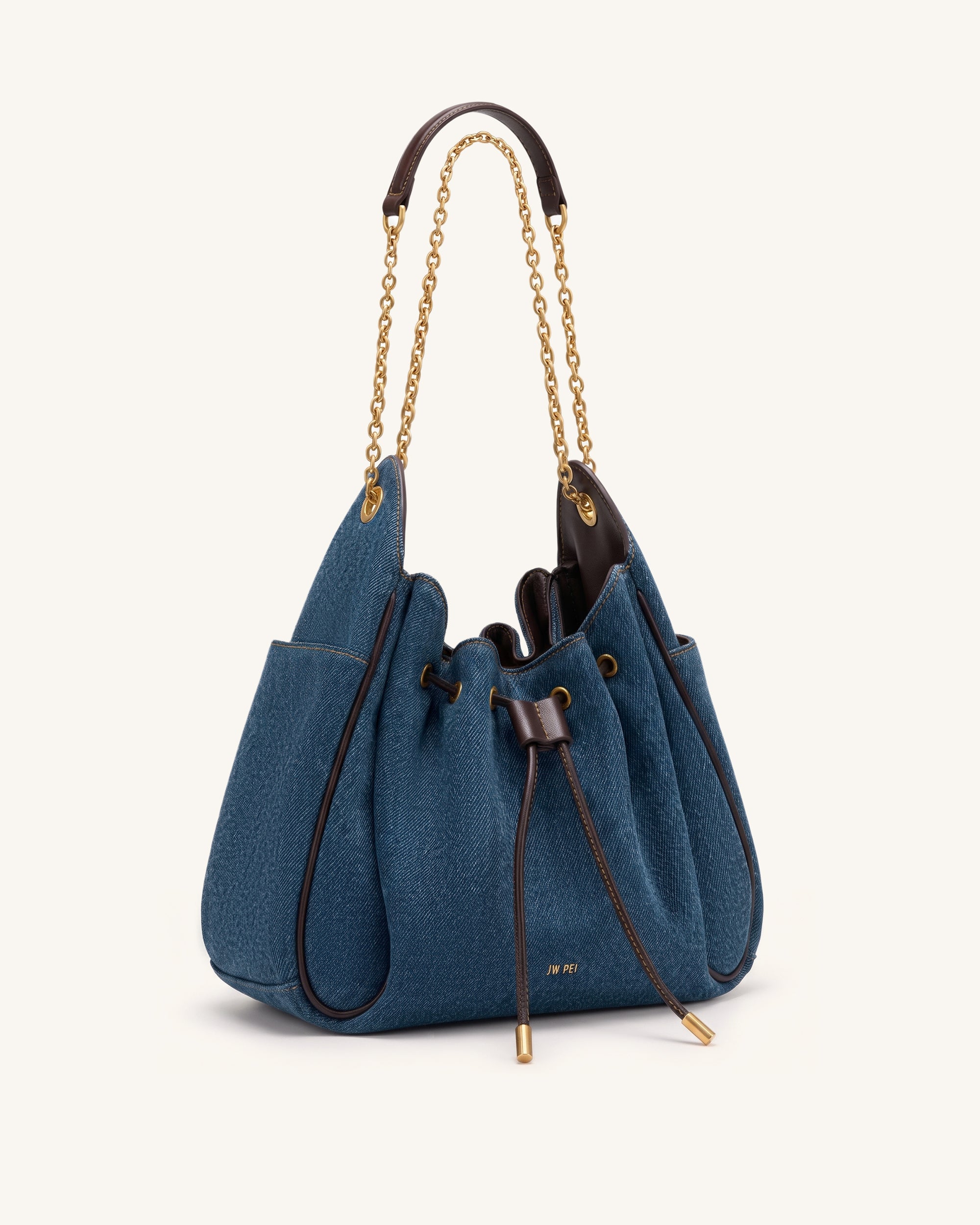 Rowan Ruched Drawstring Chain Bucket Bag - Dark Blue Denim - Image 2