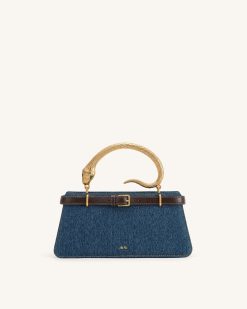 Elena Snake Handle Top Handle Bag - Dark Blue Denim