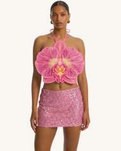 3D Orchid Halter Crop Top - Pink