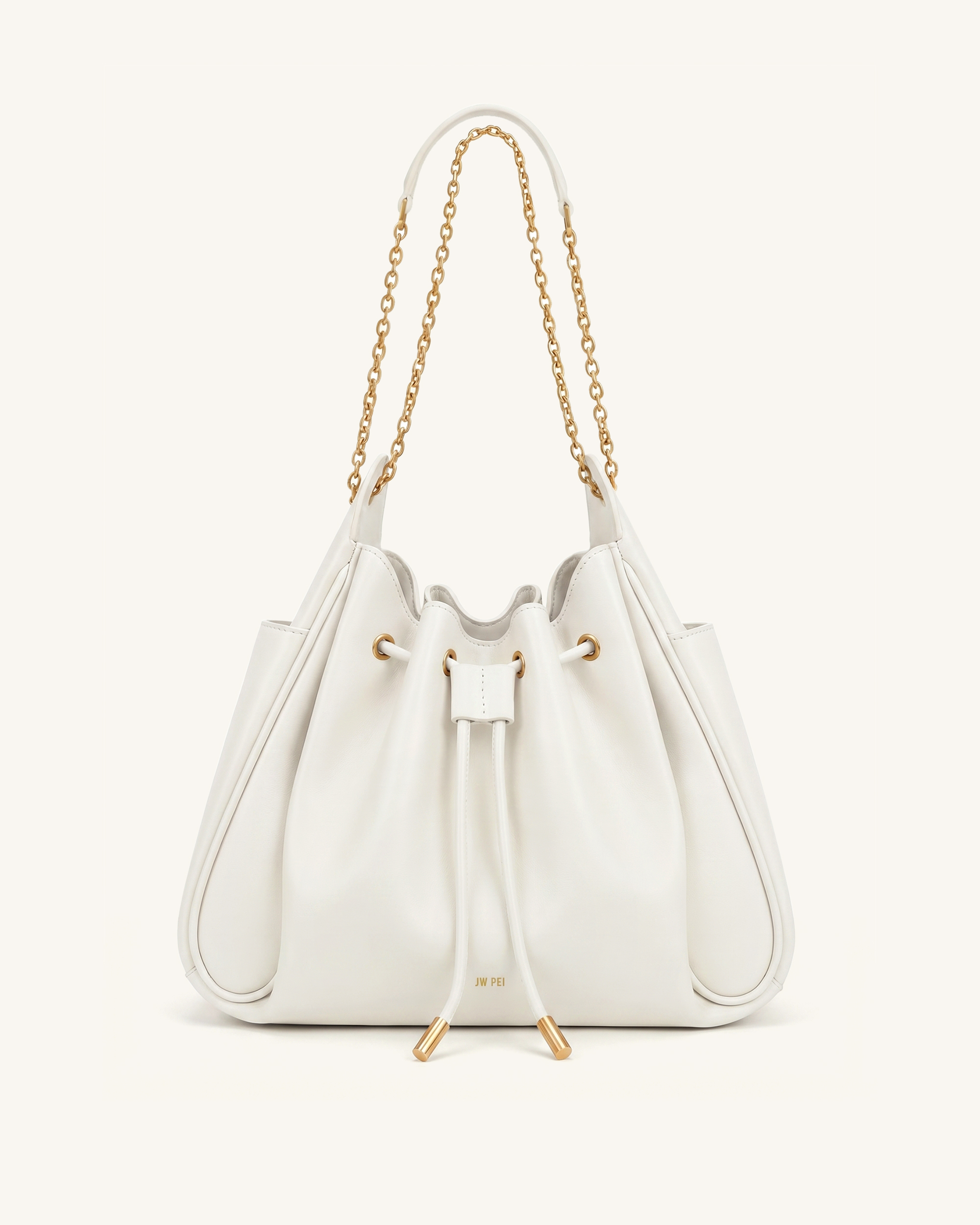 Rowan Ruched Drawstring Chain Bucket Bag - Ivory