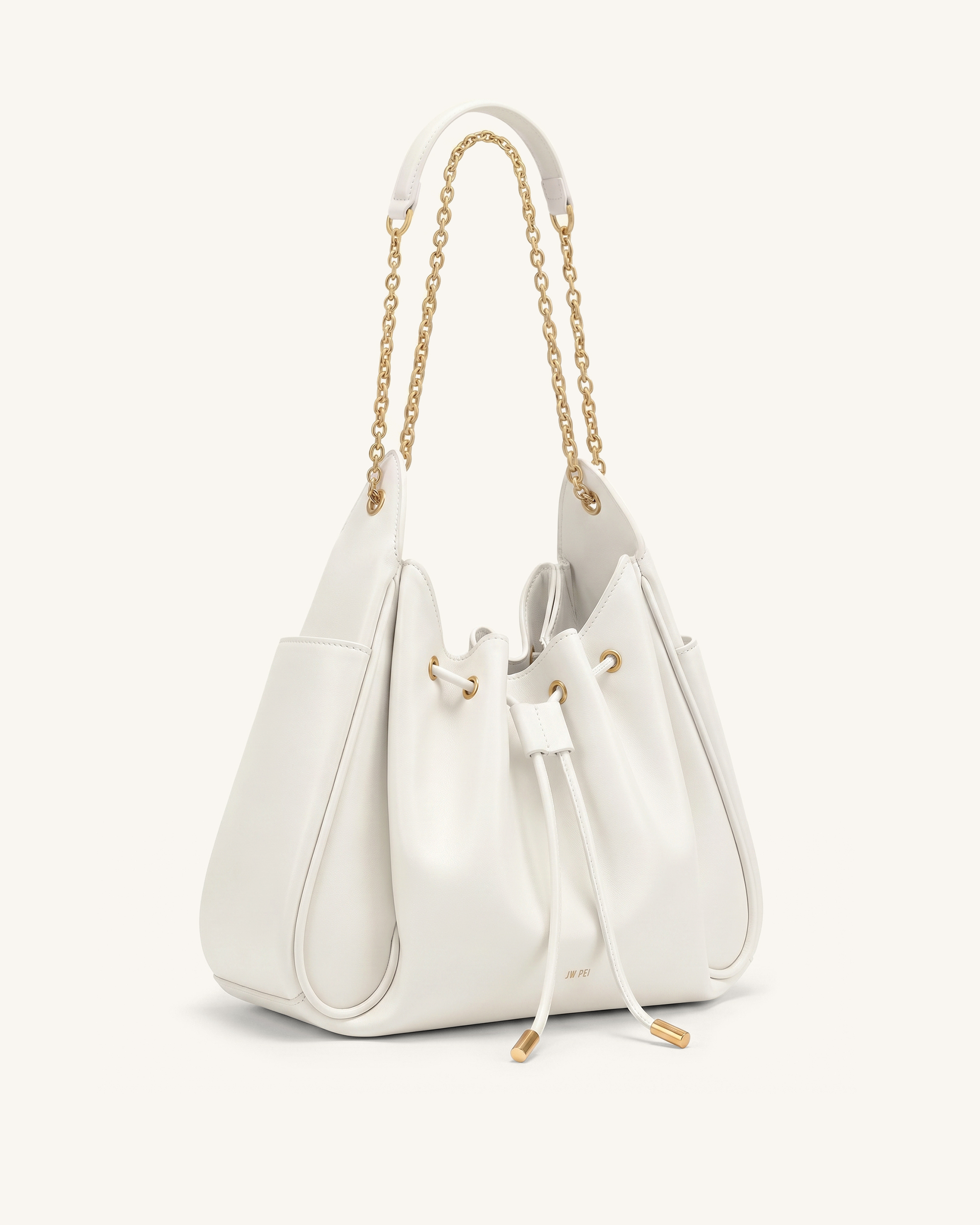 Rowan Ruched Drawstring Chain Bucket Bag - Ivory - Image 2