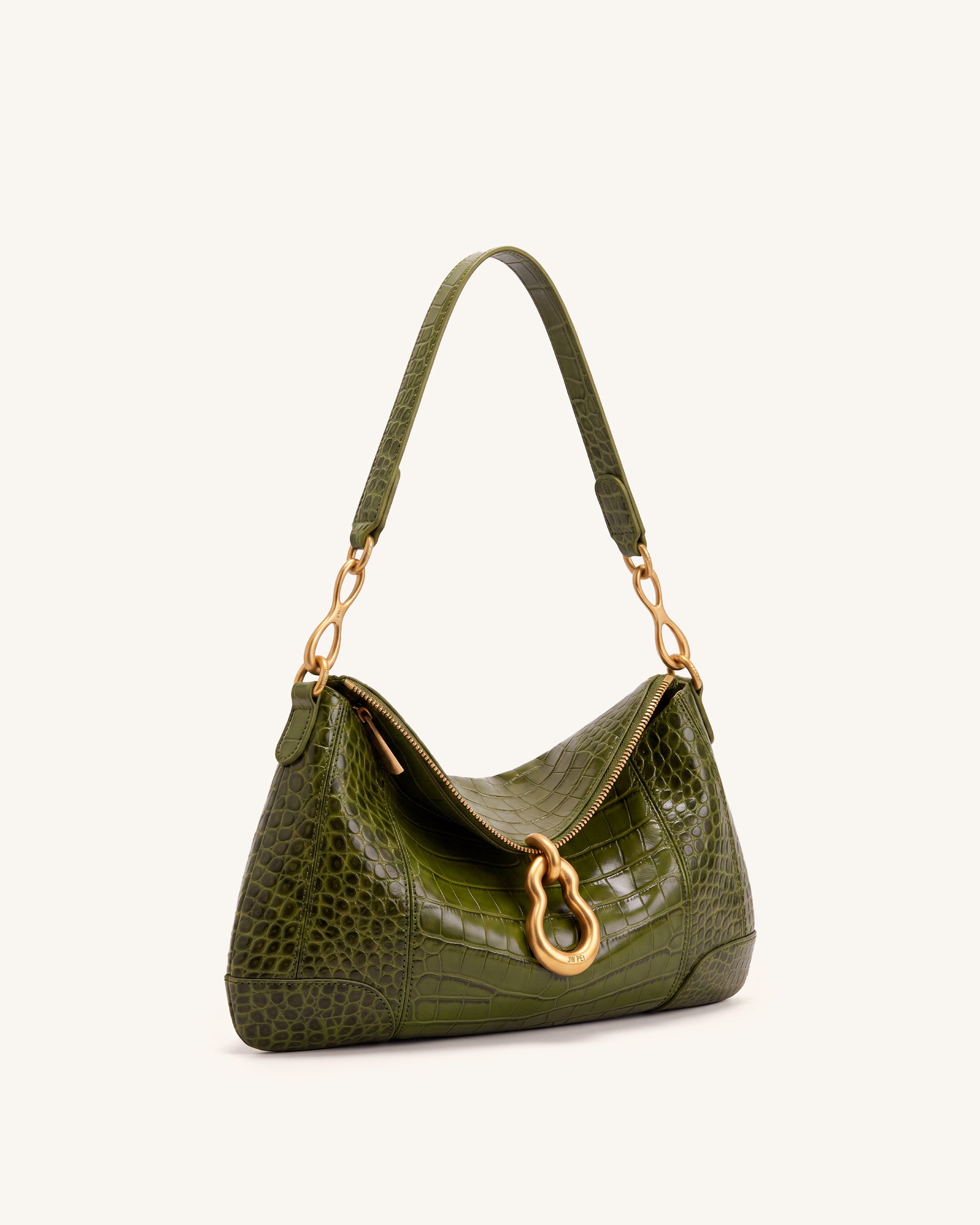 Jayla Metal Pendant Embellished Shoulder Bag - Green Croc - Image 2