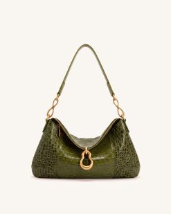 Jayla Metal Pendant Embellished Shoulder Bag - Green Croc