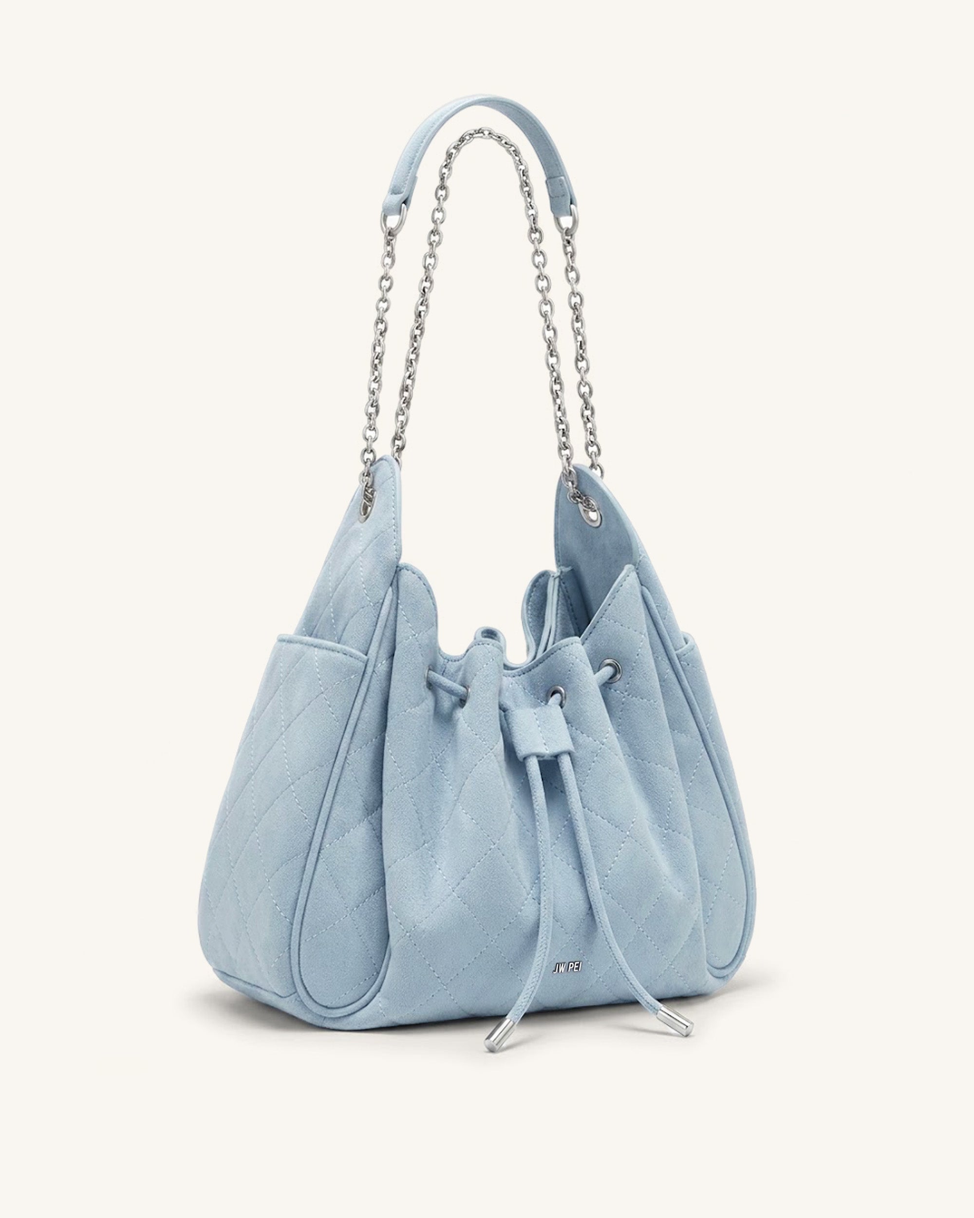 Rowan Faux Suede Quilted Chain Bucket Bag - Blue - Image 2