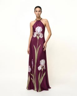 Iris Floral Print Halter Maxi Dress - Plum